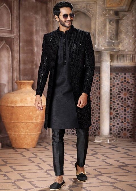 Shop Black Embroidered Jacket Style Kurta Pajama for Men at best prices USA