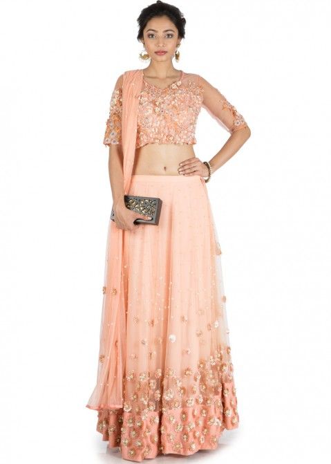 Shop Peach Embroidered Designer Lehenga with Dupatta Online in USA – Pure  Elegance