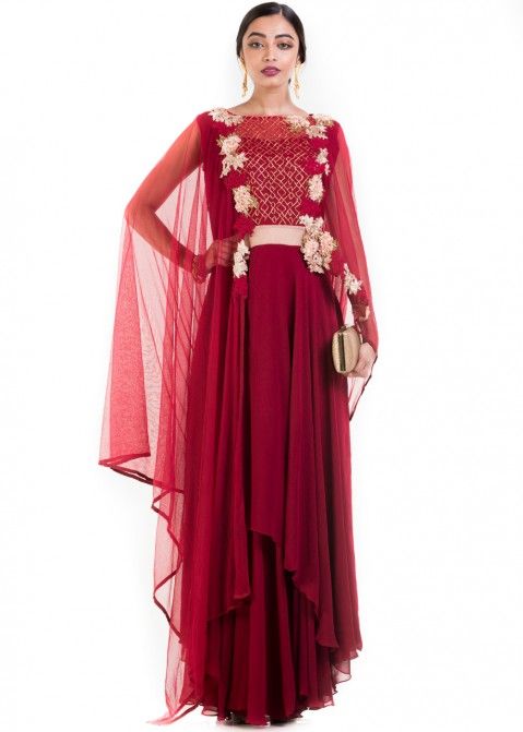 Pink & Green Solid Maxi Dress with Attached Dupatta