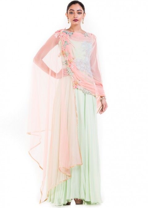 Buy Mint Green Indian Gown Online in USA With Embroidered Long Cape