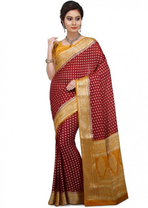 Silk Sarees: Buy Maroon Woven Saree Online in Pure Banarasi Silk