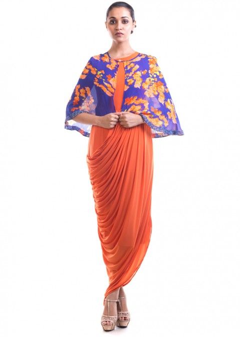 Orange Lycra Drape Dress With Printed Cape