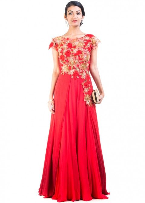 Red Georgette Flared Indo Western Gown 