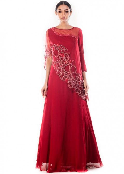 Shop Mauve Embroidered Net Cape Style Gown Party Wear Online at Best Price  | Cbazaar