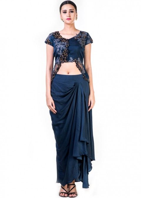 Navy Blue Satin Crop Top With Draped 