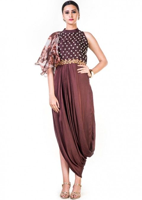 Readymade Brown Cowl Style Dress In Satin