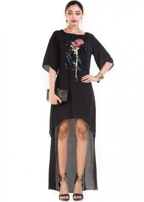 Black Embroidered High Low Dress 