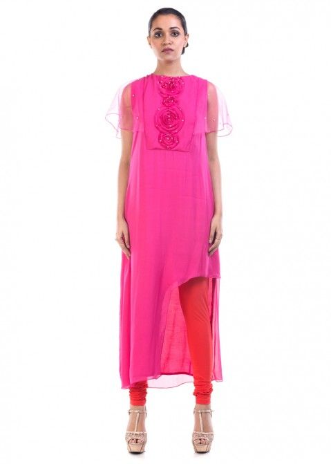 Buy Bright Pink Asymmetrical Indo Western Tunics Online With Cape Sleeves