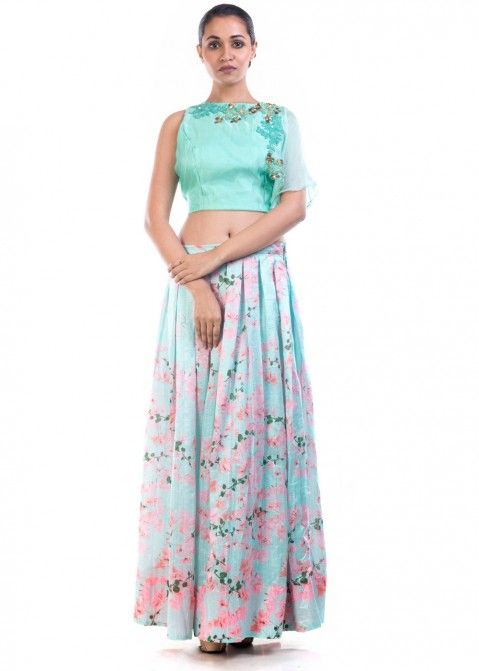 Turquoise Organza Silk Crop Top With Skirt