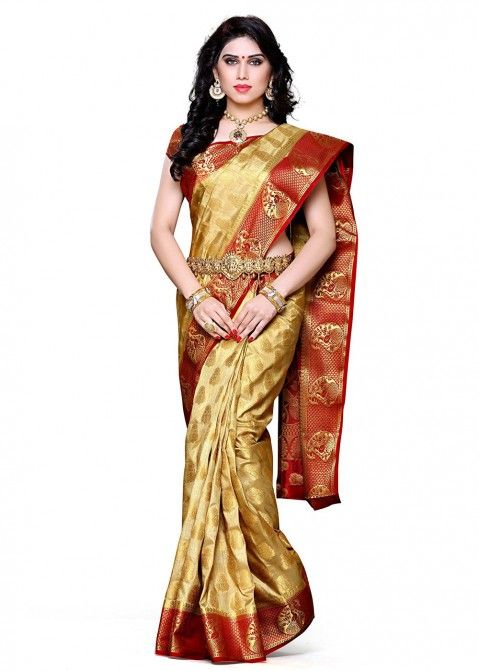 Golden Color and Red Kanjeevaram Saree | Bridal silk saree, Saree, Bridal  saree