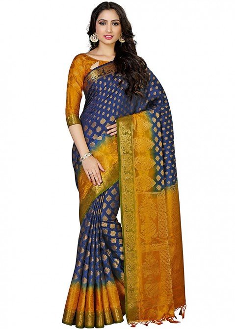 Yellow kanchipuram silk saree with blue checks - #SareeEnvy - Aavaranaa