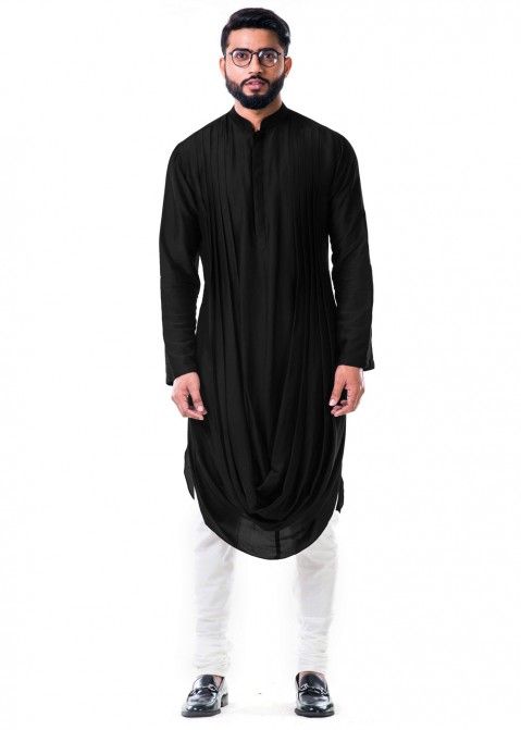 Black Cowl Style Silk Kurta Churidar Set