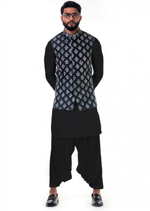 Black Linen Pathani Suit With 