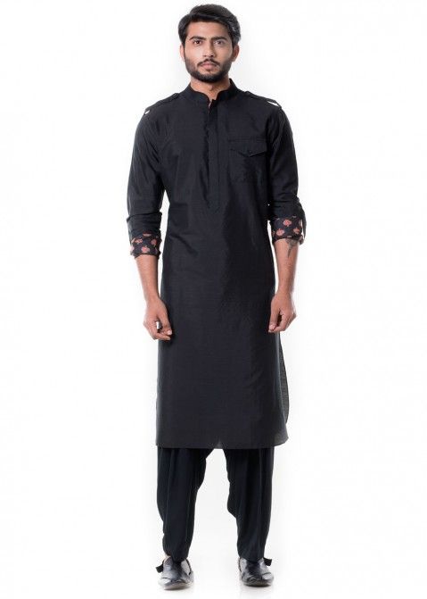 Black Cotton Silk Pathani Suit Set Designer Couture 185MW22