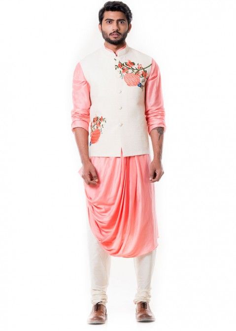 Peach Cowl Style Silk Kurta Churidar With Jacket