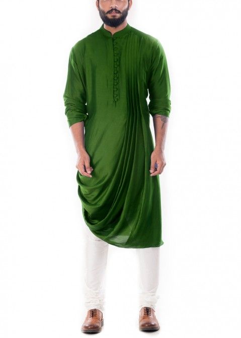 Indian outfits for men: Green Cowled Art Silk Kurta Online With Churidar USA