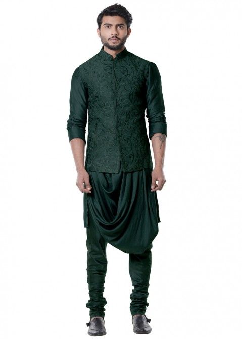 Dark Green Cowl Style Indian Kurta for men With Jacket