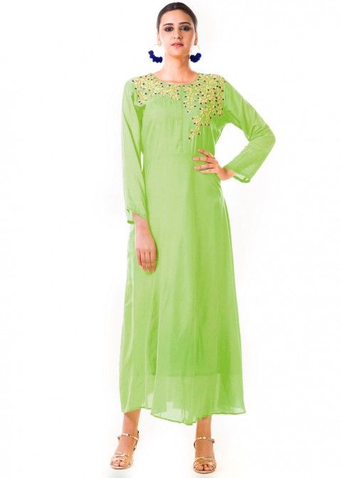 Buy Parrot Green Crepe Anarkali Suit With Mirror Work Online - LSTV04065 |  Andaaz Fashion