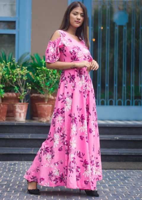Pink Floral Printed Rayon Maxi Dress