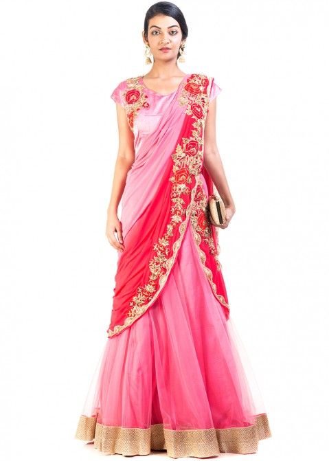 Buy Thread & Button Bauhinia Pink Lehenga with Blouse Attached Dupatta (Set  of 2) online