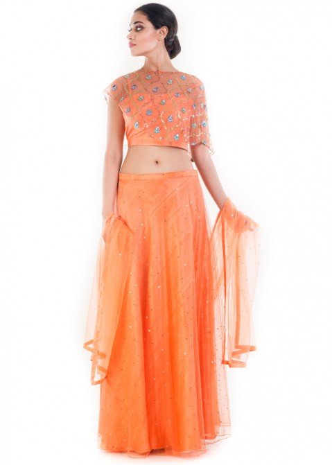 studio rasa Pink & Gold-Toned Sequins Embroidered Sheer Net Cape Crop Top -  Absolutely Desi