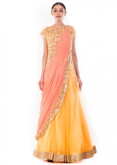 Yellow & Peach Saree Style Indo Western Clothes Online