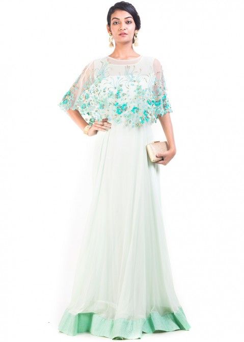 Off White Georgette Net Cape Style Gown 
