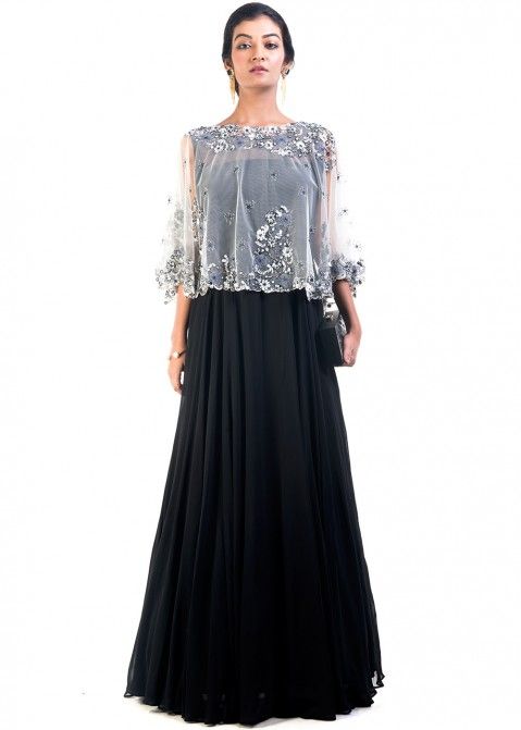 Black Grey Georgette Net Cape Style Gown 