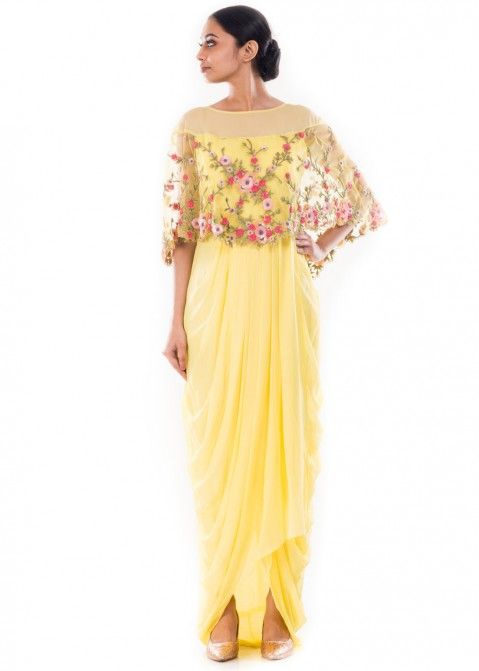 Buy Yellow Georgette Net Indian Gown Online in USA With Attached Cape