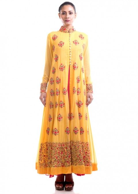 Yellow Embroidered Jacket Style Anarkali