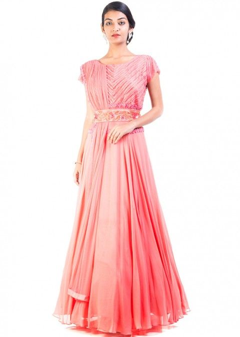 Buy Peach Georgette Net Indian Gown Online in USA With Attached Dupatta