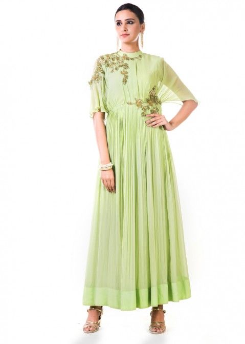 Light Green Hand Embroidered Designer Gown