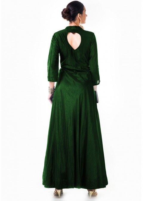 Dark Green Embroidered Silk Gown 162GW16