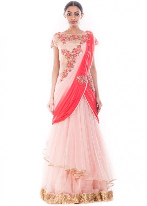 Pastel Pink Net Saree Style Indo Western Gown 
