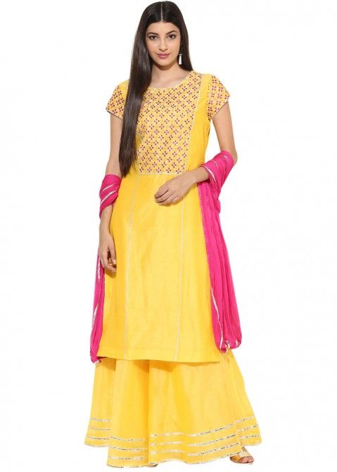Readymade Yellow Chanderi Salwar Suit with Pink Dupatta