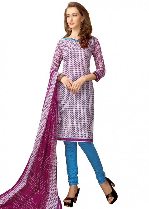Purple Straight Cut Printed Cotton Salwar Suit