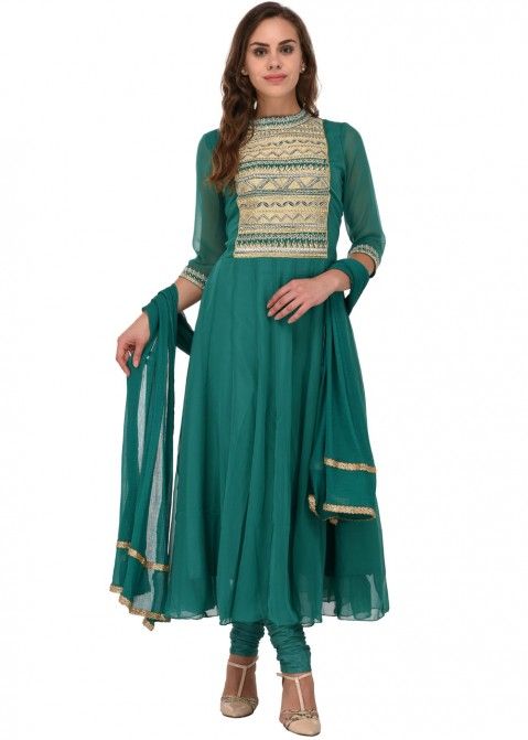 Readymade Green Chanderi Anarkali Suit With Dupatta