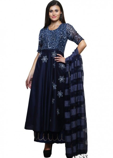 Readymade Blue Cotton Silk Palazzo Salwar Suit with Dupatta