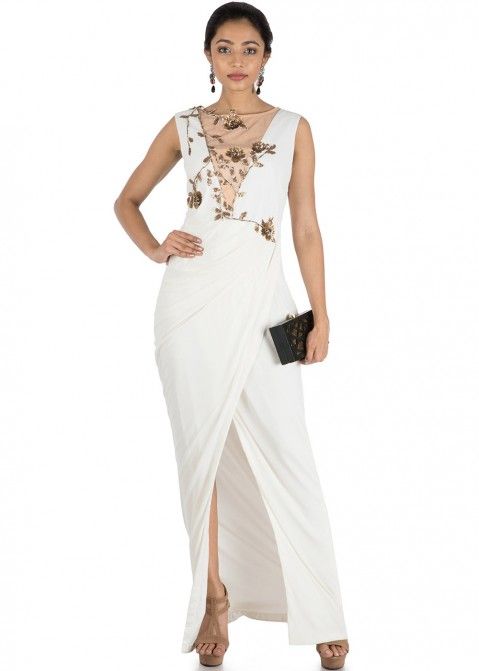 Ivory White Overlap Georgette Lycra Designer Indian Tunics For Ladies
