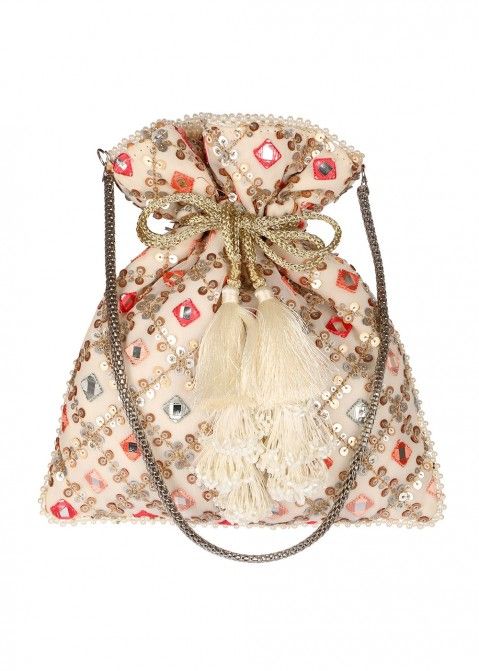 Mirror & Sequins Embellished Cream Potli Bag