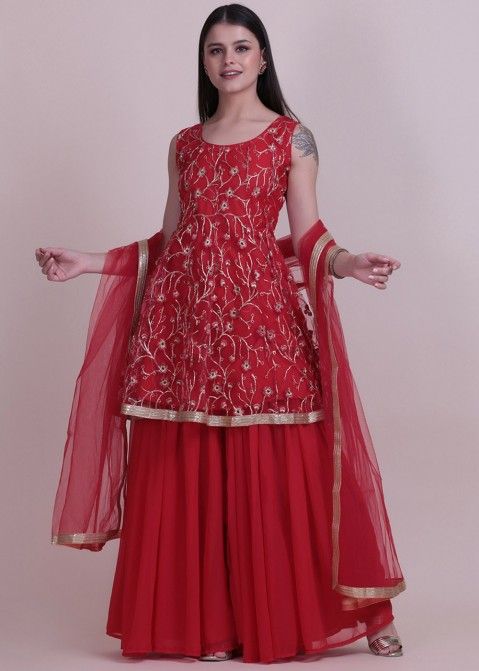 Red Embroidered Net Gharara Suit Set