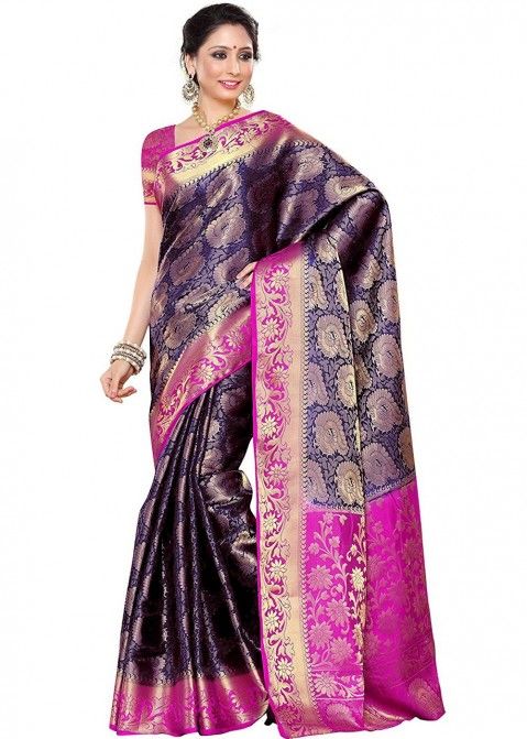 Blue & Pink Kanjivaram Saree Online Shopping With Blouse