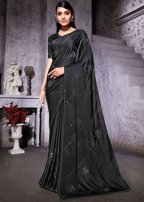 Western Style Black And White Saree With Designer Blouse