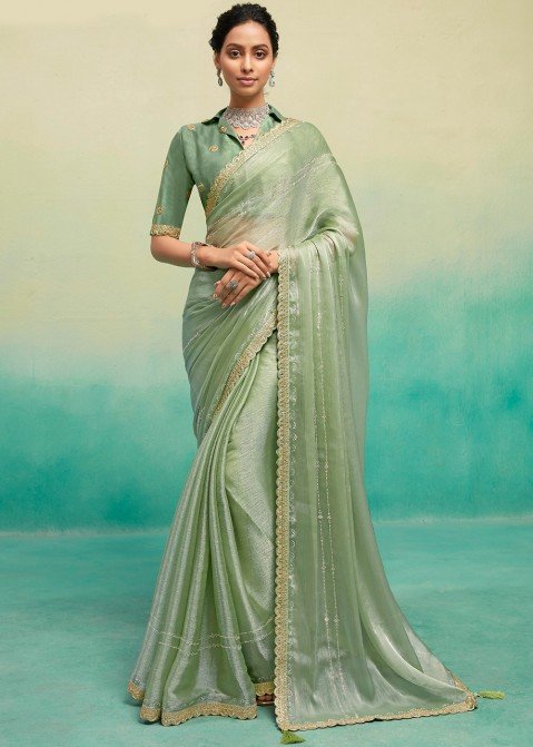 Exclusive Collection Sequins Embroidered Georgette Pastel Green Saree |SARV114277