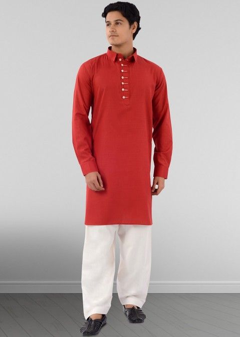 Readymade Cotton Mens Pathani Suit In Red 