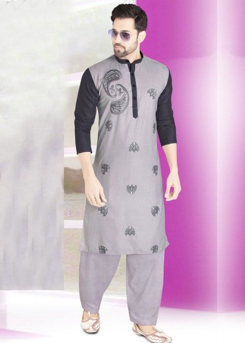 Indian Ethnic Wear Mens: Buy Grey Embroidered Cotton Pathani Suit Online in USA