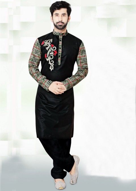 Indian Poshakh Black Cotton Linen Pathani Suit - Indian Poshakh - 2421057