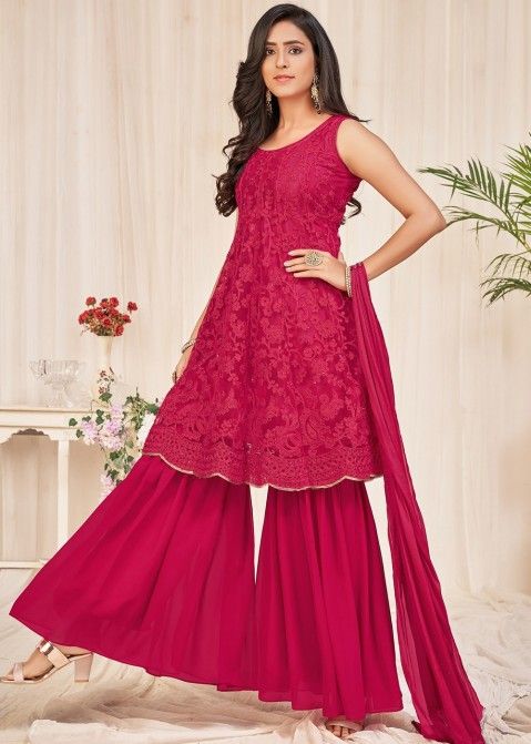 Pink Embroidered Gharara Suit In Net