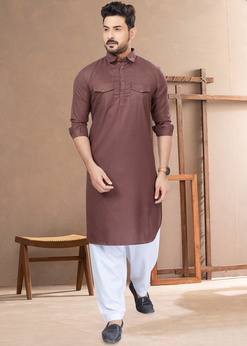 Mens　Pathani　Brown　Cotton　Suit　1021MW07