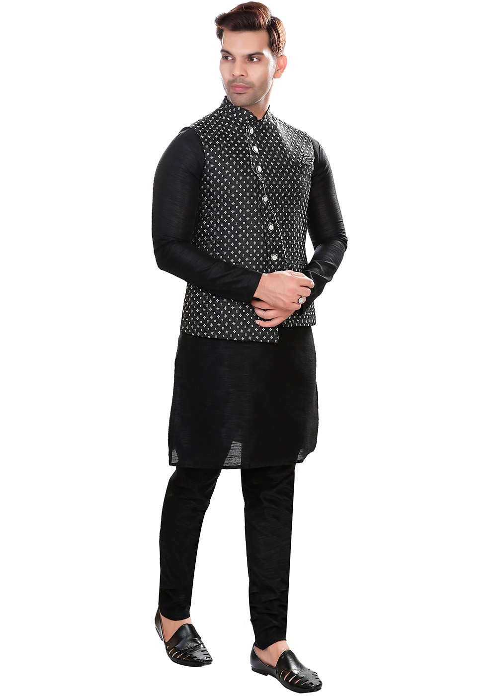Black Kurta Pajama With Woven Nehru Jacket 1056MW01